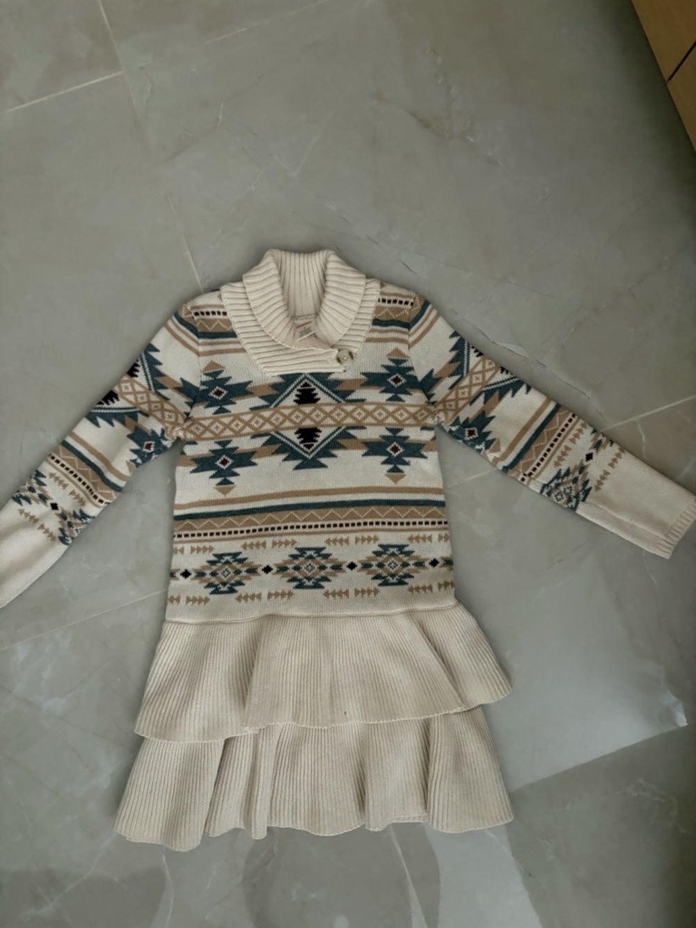 Gymboree Cream Fair Isle Shawl-Collar Sweater Dress with Teal and Tan Accents 6